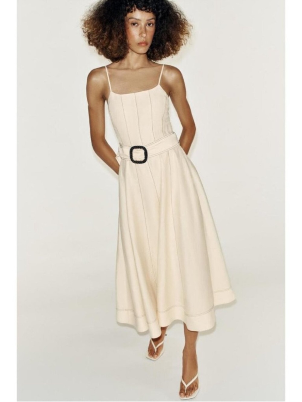 ZARA LINEN MIDI DRESS WITH CONTRAST STITCHING AND BELT 7645/771/712